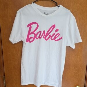 Barbie Short Sleeve Tee in White with Pink Script